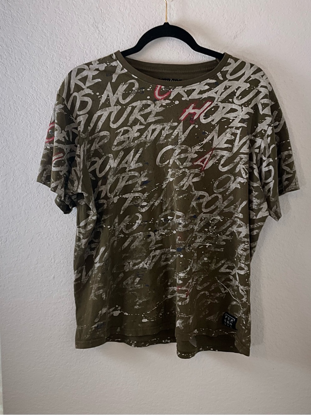 Punk Royal Olive Graphic Tee with White & Red Script Accents punk rock grunge M